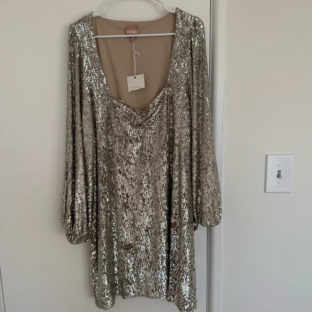 NWT Show Me Your Mumu Women's Aniston Mini Long Sleeve Dress Sequins Size XL - Picture 2 of 7